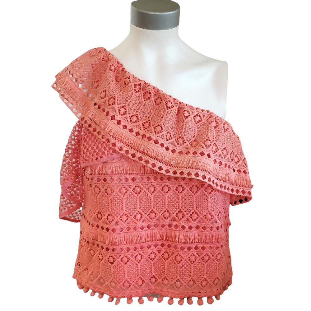 SAYLOR Bess fringe pom pom embroidered ruffle eyelet coral one shoulder top Sz S